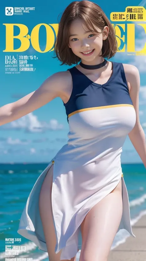 Emma Myers, whole body,  best quality, 1 girl in the best, Alone,  light brown hair,  choker, (simple ocean ), ( magazine cover ),  Watch viewers, Intense Perspectives , Playing with the camera, Open your mouth a little and smile,  watch 、 is standing、walk...