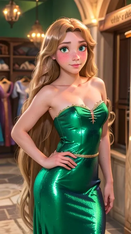 Princess Rapunzel from Disney's Tangled with very long down loose brown hair down to her hips and green eyes and freckles wearing shiny sparkling sequined strapless purple Blush, Solo, Looking at viewer, Looking at viewer, Looking at viewer, Looking at vie...