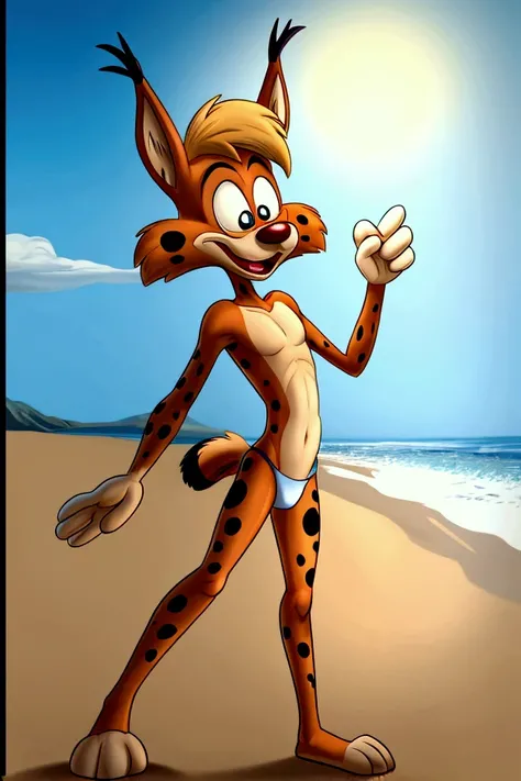 Lynx cartoon guy full length slim skinny in tight speedo on the beach with a happy face striped tail
