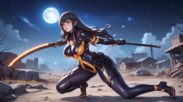 Sexy Tachy de Stella Blade, UHD,   big breasts,  long hair,  very black hair ,  black eyes,  Moon under the left eye, very tight black suit, in a wasteland, sweating, In the background a very starry night sky, With a great sword of light,  battle pose, ful...