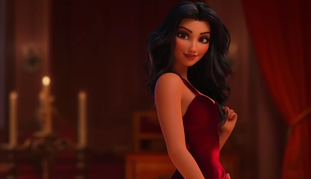  3d pixar style: full shot, wide angle, attractive woman An attractive, 
woman with a sultry, confident expression, standing on the right side of the frame. She has long, flowing hair and is wearing a sleek, form-fitting outfit in bold colors like deep red...