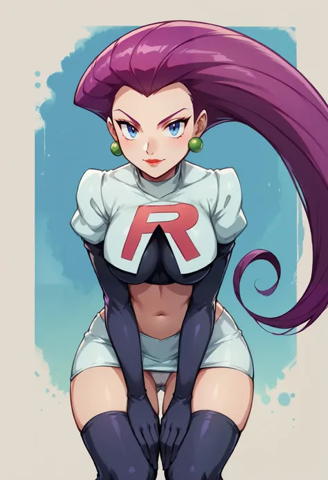 Faded Headshot, faded bottom, faded edges ,score_9,score_8_up,score_7_up,score_6_up,score_5_up, rating_safe,
1girl, jessie, \(pokemon\), (ultra HD quality details), blue eyes, hair slicked back, purple hair
earrings, 
team rocket, team rocket uniform, blac...