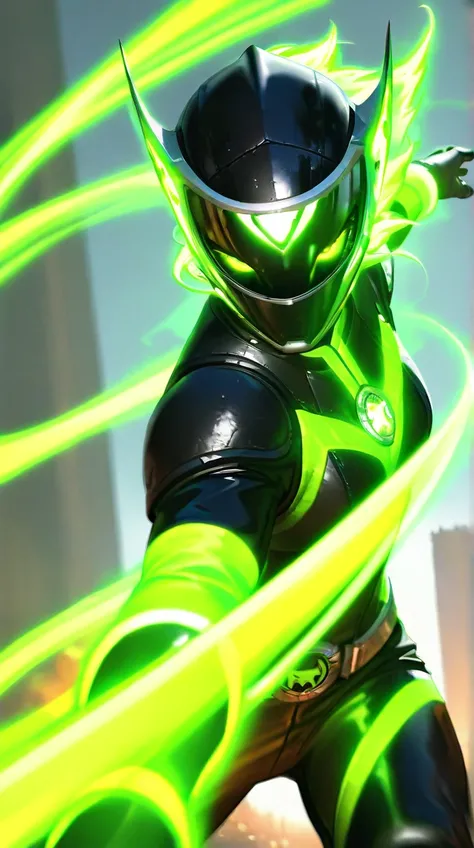 A green power ranger wielding wind powers, highly detailed, cinematic dramatic lighting, ultra-detailed, masterpiece, hyperrealistic, portriat, cinematic, dramatic, photorealistic, 8k, HDR, epic fantasy, glowing energy, dynamic pose, windswept hair, pierci...