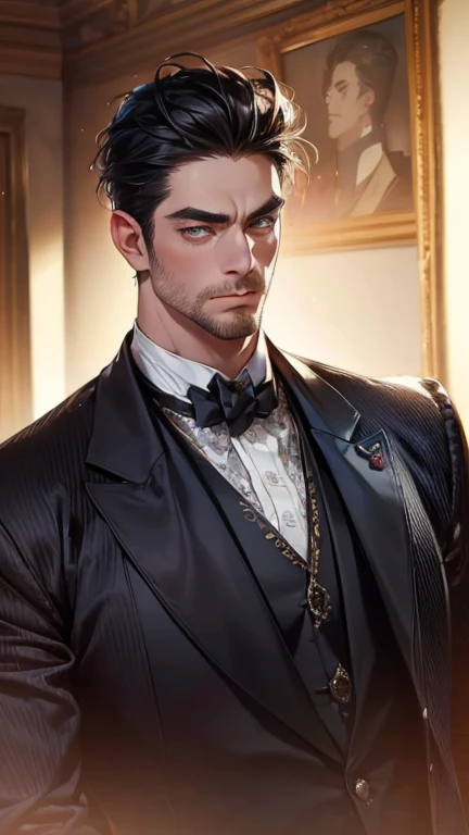 (    best quality,4K,8k,    highres,    masterpiece :1.2),    ultra-detailed    ,(realistic,photorealistic,photo-realistic:1.37),36-year-old man,3 day beard,Beautiful anime,Portraits,strong,Masculine,     with black hair  ,sharp jaw,       mesmerizing eyes...