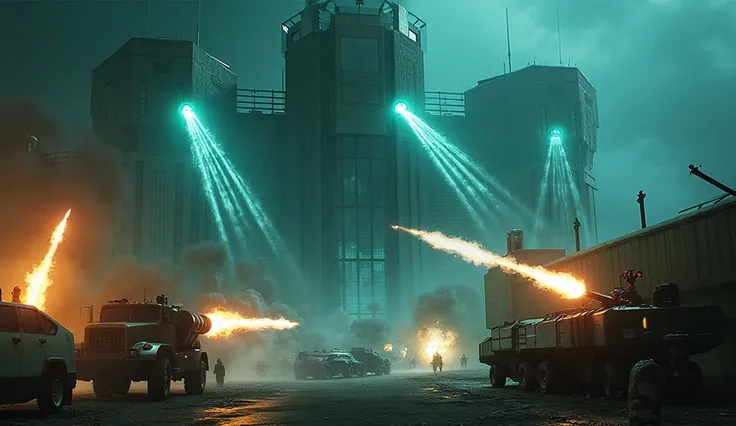 A wide shot captures the towering **H.A.P.S. prison walls**, lined with **Phalanx CIWS rotary cannons** and **artillery turrets**, firing downward at the **rebel convoy.** Bright **cyan plasma bolts** streak toward the vehicles below, creating dynamic line...