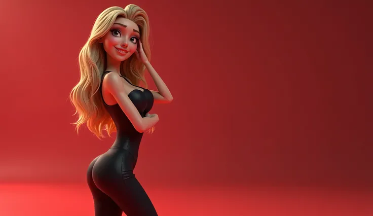  3d pixar style: full shot, wide angle, attractive woman An attractive, 
A stunning, attractive woman with a sultry, confident expression, standing on the right side of the frame. She has long, blonde and brown hair and is wearing a sleek, form-fitting out...