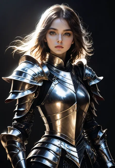 fantasy, young woman, is wearing armor, Black background, looking at viewer