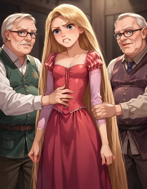 1girl, rapunzel, skinny, beautiful, blue eyes, ((red dress)), angry, crying, old man grabs her ass under the skirt, grabbing girl´s panties, masterpiece, hyper detailed, photorealistic, dramatic lighting, cinematic, highly saturated colors, moody, dark fan...