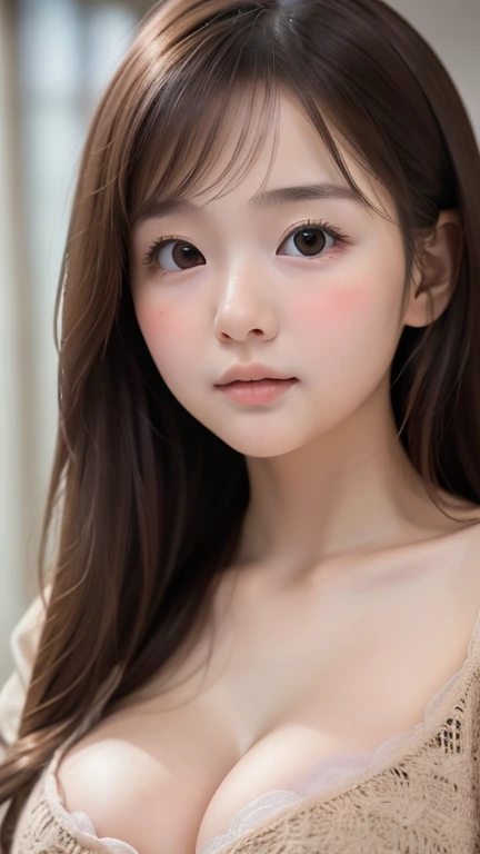 (highest quality, masterpiece, high resolution, detailed texture), (lovely, sweet, cute, Japanese girl), (((baby face, pure, innocent, neat))), (moisturized lips), (close-up), ((big breasts, cleavage)), grateful, (fair skin, pale), young student, blouse, {...