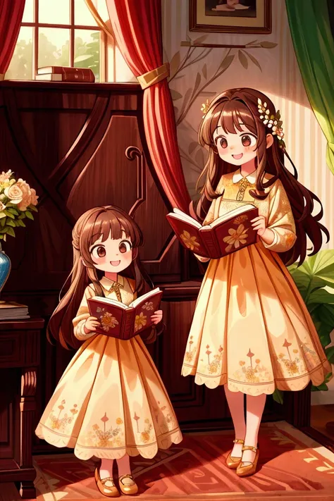 Masterpiece, best quality) 2 girls sisters brown long hair, floral long formal dress, , indoors, reading a book, full body, smilling