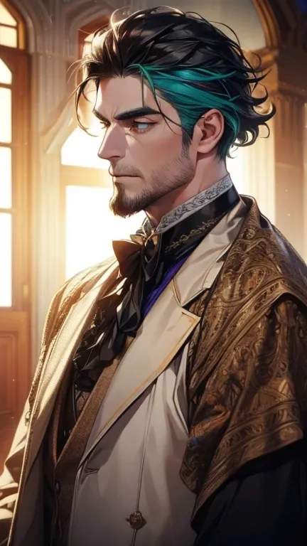 (    best quality,4K,8k,    highres,    masterpiece :1.2),    ultra-detailed    ,(realistic,photorealistic,photo-realistic:1.37),36-year-old man,3 day beard,Beautiful anime,Portraits,strong,Masculine,     with black hair  ,sharp jaw,      mesmerizing green...