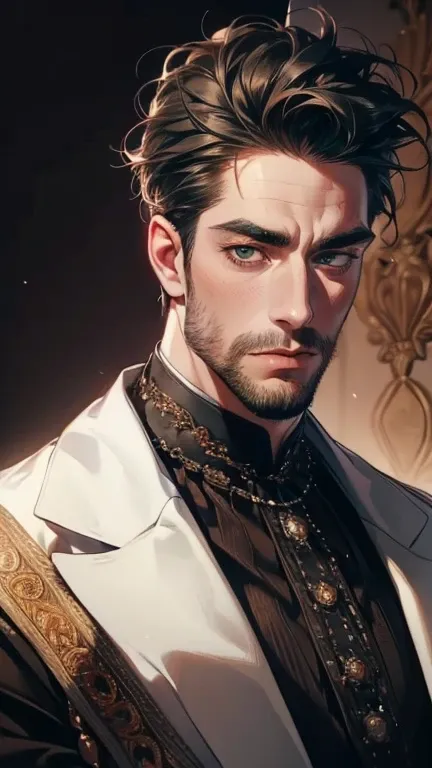 (    best quality,4K,8k,    highres,    masterpiece :1.2),    ultra-detailed    ,(realistic,photorealistic,photo-realistic:1.37),36-year-old man,3 day beard,Beautiful anime,Portraits,strong,Masculine,     with black hair  ,sharp jaw,      mesmerizing green...