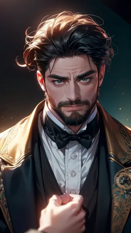 (    best quality,4K,8k,    highres,    masterpiece :1.2),    ultra-detailed    ,(realistic,photorealistic,photo-realistic:1.37),36-year-old man,3 day beard,Beautiful anime,Portraits,strong,Masculine,     with black hair  ,sharp jaw,      mesmerizing green...