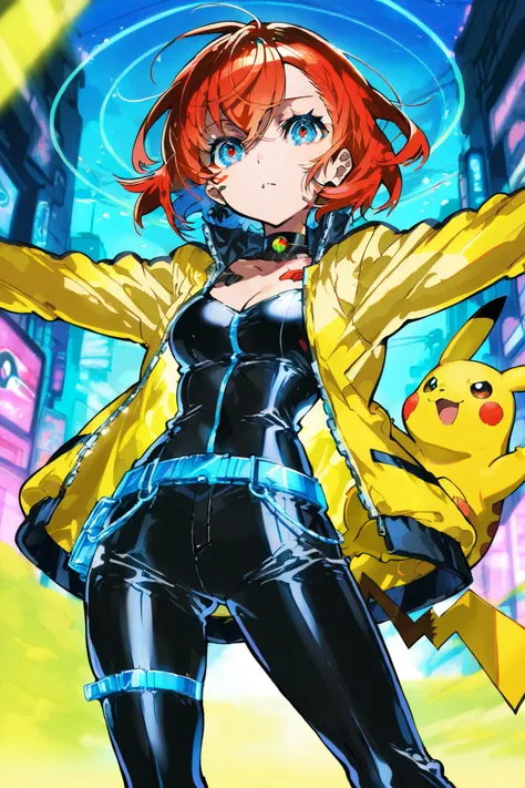 a cartoon image of a woman with a Pokémon costume and a Pokémon pikachu, Cyberpunk Pikachu, Pikachu as a human, Pokémon trainer, illustration Pokémon, Pokémon style, Pokémon inspired, Pikachu&#39;s LSD,  trending anime art work,  anime style 4k with AK5 ri...