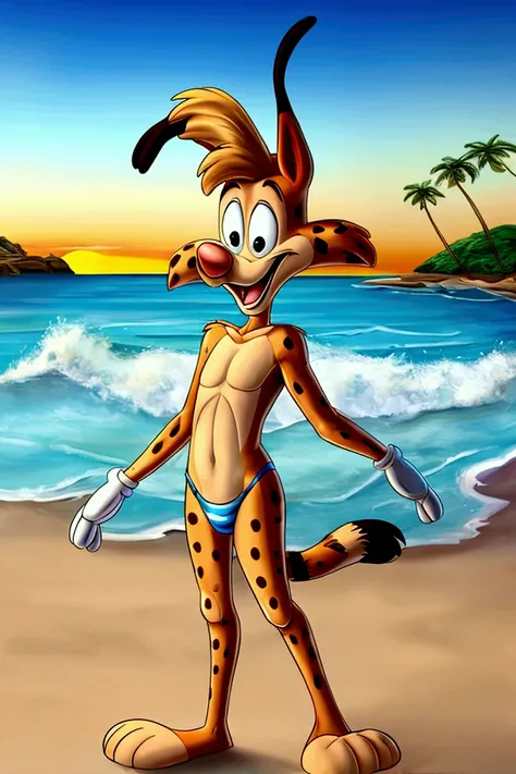 Lynx cartoon guy full length slim skinny in tight speedo on the beach with a happy face striped tail
