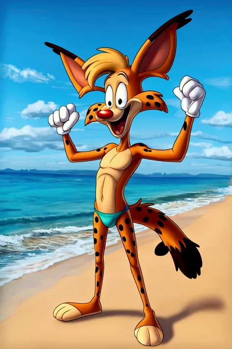 Lynx cartoon guy full length slim skinny in tight speedo on the beach with a happy face striped tail
