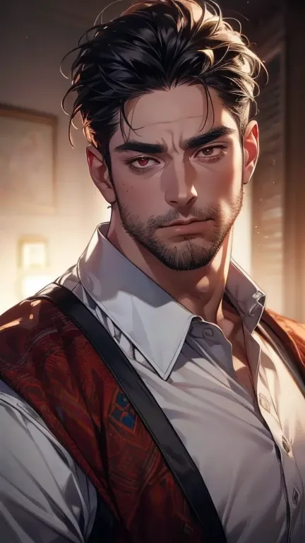 (     best quality,4K,8k,     highres,     masterpiece :1.2),     ultra-detailed     ,(realistic,photorealistic,photo-realistic:1.37),36-year-old man,3 day beard,Beautiful anime,Portraits,strong,Masculine,      with black hair  ,sharp jaw,        mesmerizi...