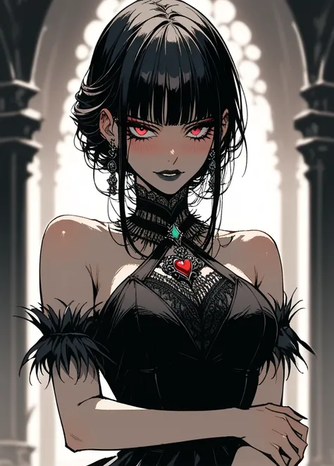  score_9,  score_8_arriba,  score_7_arriba,  score_6_arriba, Dark theme， viewer makearriba medium _ ge4 a vampire girl with passion , showing her fangs, blood in chest,( elegant gothic dress,  bare shoulders:1.8) negro_ lolita gradient green _ Bangs , blus...