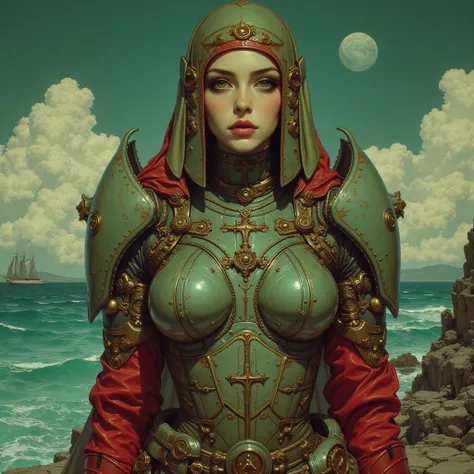 Sea, sci-fi vehicles and boats, Mesmerizing polis where baroque meets sci-fi and futurism high tech, tapestry, polis, machinery, green musculous women and men augmented humanoid, touch of futurist mixed with only a bit of antique, nude, transparent veils, ...