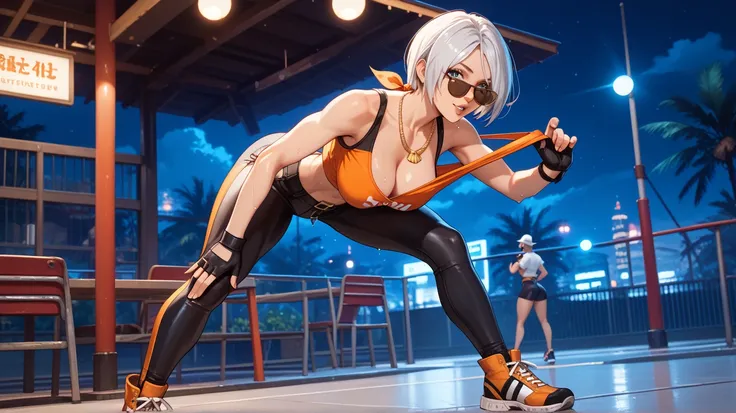    Sexy Angel from the King of Fighters , UHD,  big breasts, wearing a top of ll , very tight black leggings , Bandana,  sunglasses, gold necklace,  well-defined body,  short hair,  white hair,  Open legs, in a ,quadrangle,  at night, pose sexy, sweating a...