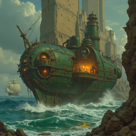 Sea, sci-fi vehicles and boats, Mesmerizing polis where baroque meets sci-fi and futurism high tech, tapestry, polis, machinery, green musculous women and men augmented humanoid, touch of futurist mixed with only a bit of antique, nude, transparent veils, ...