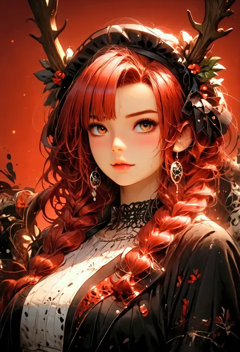 The camera is focusing from above , Wine red background , cabello negro, emmo, dark, Gothic, A painting of a woman with long twin braids and perforations, a portrait of a character made by Loish , Winner of the pixiv , Gothic art, Artgerm and Ilya Ku...