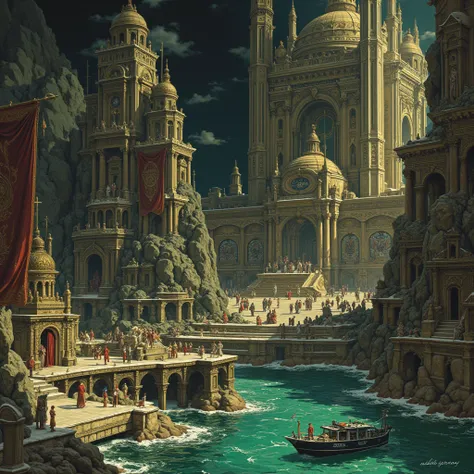 Sea, sci-fi vehicles and boats, Mesmerizing polis where baroque meets sci-fi and futurism high tech, tapestry, polis, machinery, green musculous women and men augmented humanoid, touch of futurist mixed with only a bit of antique, nude, transparent veils, ...