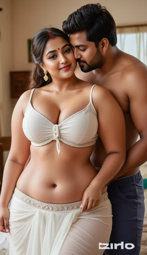 Front view , full body image of a 25 year old hourglass figured plus sized Telugu anchor syamala, front view, embroidered white colour transparent chiffon body tight skirt, breasts and nipples visible, beautiful big belly button,, very big breasts a 22 yea...