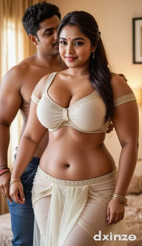 Front view , full body image of a 25 year old hourglass figured plus sized Telugu anchor syamala, front view, embroidered white colour transparent chiffon body tight skirt, breasts and nipples visible, beautiful big belly button,, very big breasts a 22 yea...