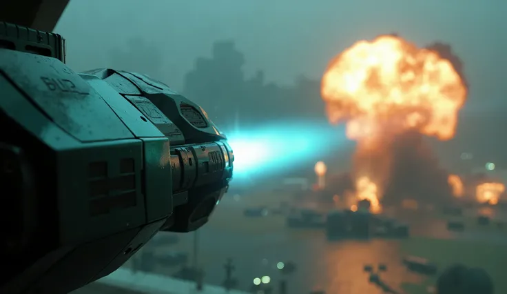 A close-up captures the **barrel of a plasma turret** mounted on the **H.A.P.S. prison walls**, its sleek, angular design glowing faint cyan as it fires rapid bursts of **plasma bolts**.  

The bright **cyan muzzle flashes** illuminate the turret’s polishe...