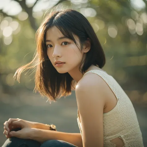 A hyper-realistic image of a single Japanese woman in her early 20s, captured with the nostalgic warmth and subtle graininess of a film camera. Her skin has a warm beige tone with a natural, slightly rough texture that includes visible pores, fine lines, a...