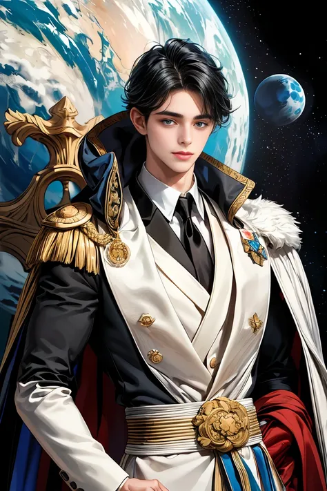 
Masterpiece, 最 high quality,  high quality,  1 boy at night,  alone,  in space focusing on a man ,  Staring at the Audience ,  Dirty black hair,   adorable big blue eyes , white, Noble, Noble, sexy voluminous cape 、 tuxedo、、A  very voluminous  red and bla...