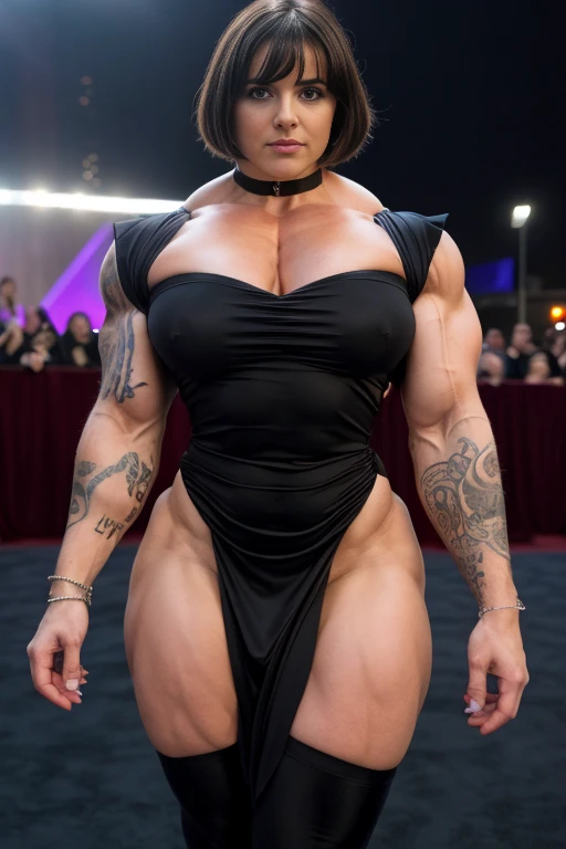 Velma, , Huge breasts,  a heavily muscled iffb pro female bodybuilder. RAW, d41z13, perfect face, stunning eyes,  extremely tight satin dress, tight dress clinging to her body, at the oscars, crowded event, people in the background, 8k uhd, masterpiece, co...