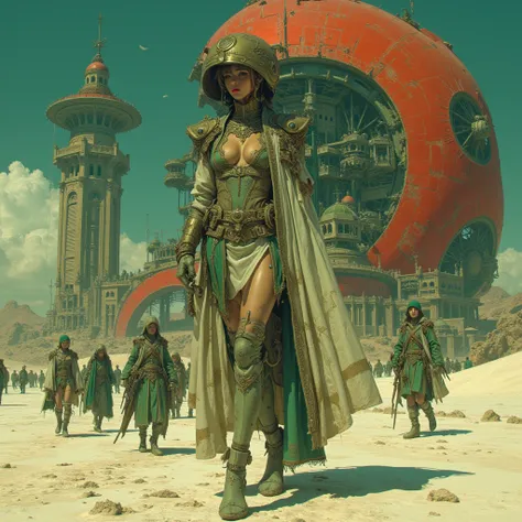 Salt lagoon, dunes, sci-fi vehicles, Mesmerizing polis where baroque meets sci-fi and futurism high tech, tapestry, polis, machinery, green musculous women and men augmented humanoid, touch of futurist mixed with only a bit of antique, nude, transparent ve...