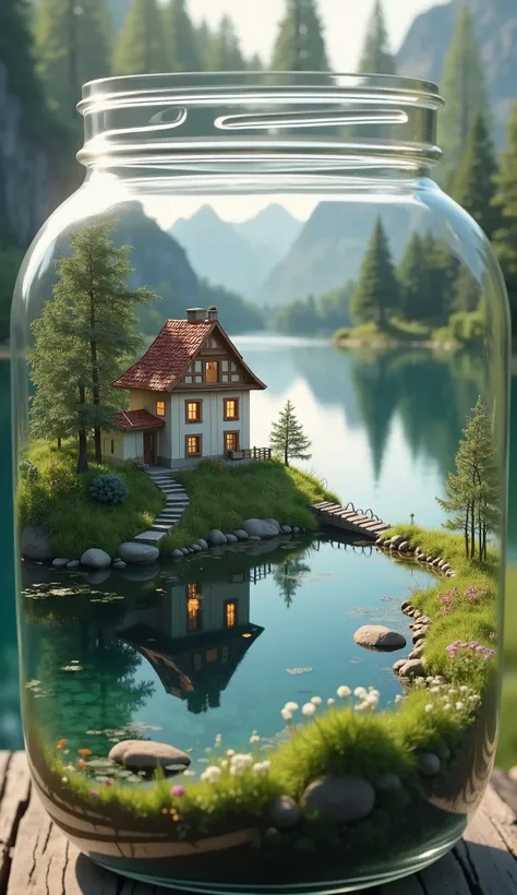 A large clear glass jar. Very close up The jar contains a small wooden house with white walls, a red tiled roof, and many windows with warm lighting, located on a hill covered with lush green grass. In front of the house is a small stone staircase leading ...