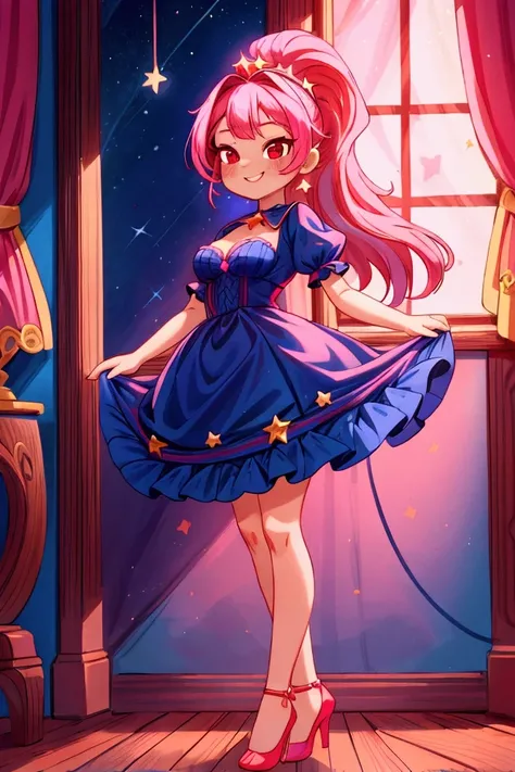 (masterpiece, best quality) standing, indoor, intricate detail, sunlight, dark blue navi frill dress, red heels, pink hair with a high ponytail, smile face, red eyes, cute stars diadema, smiley and sexy expression, sexy pose, coquette, gorgeous legs, matur...