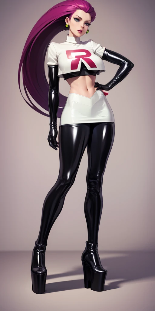 ( body masterpiece), 1 girl, Alone , absurdities, highres, standing, cowboy shot,jessie pokemon,  Hair Styled Back,  long hair, Purple hair,Blue eyes, team rocket ,team rocket uniform , white skirt , crop top, high stockings, elbow gloves , bottomless,  hu...