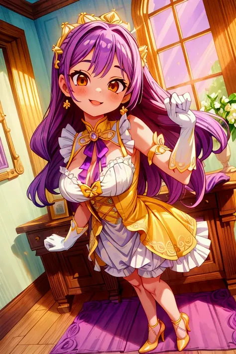 (Masterpiece, best quality), 1 girl, purple hair, orange eyes, standing indoors with intricate details and sunlight, white frilled dress with short neckline, yellow heels, lilac gloves, sexy pose, smile, beautiful legs, mature body, gorgeous, pronounced br...