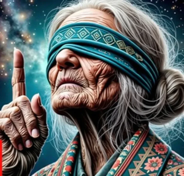  An elderly woman with a face full of deep wrinkles , with a blindfold covering your eyes made of detailed floral fabric, and with large, open angelic wings .  is in a mystical, cosmic environment.  She extends her index finger ,  that emits a bright green...