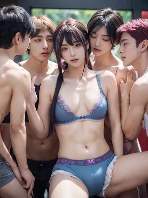 (Boys Harem，sexual harassment，Grab the chest，A group of boys surround a Tomboy with  flat chest ，A Tomboy with  flat chest  gets teased by boys:1.7)，(The only girl，Tomboy， very young girl ，promote，Showing her crotch to the audience， random sexy pose，Squat，...