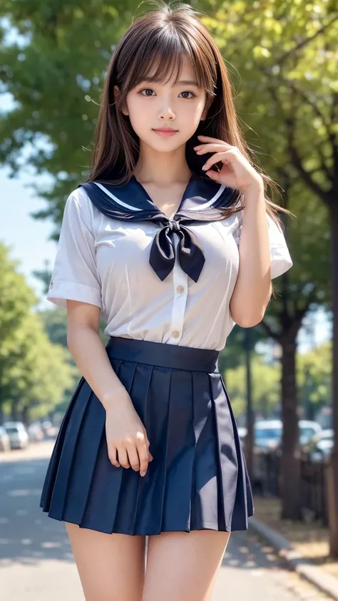  masterpiece ,  best quality,  very detailed,  kampala ,(  is present ,photo   is present :1.37),( cowboy shooting:1.2),( thighs:1.4),  excellent anatomy,  Beautiful Japanese Woman ,   Serious High School Girl  ,   But the Skirt Is So Short  ,(middle),(Wel...