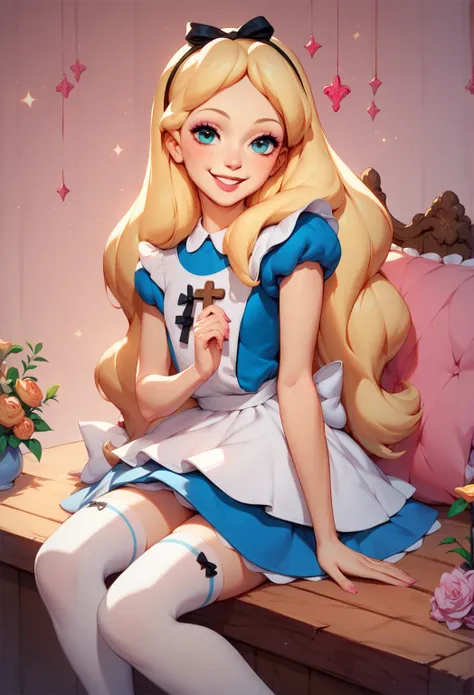 alice,  very small miniature dress ,   white stockings,   sitting cross-legged,   smiling,  very seductive pose,   bright sunny day  