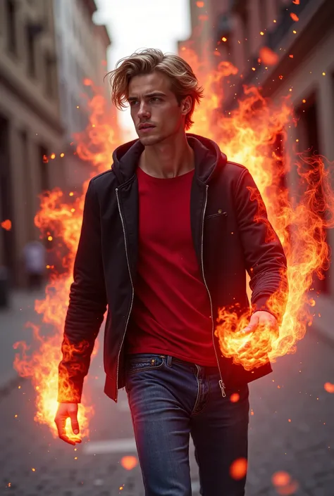 Full body photorealistic handsome Caucasian athletic young slender male with wavy medium length blonde hair, his eyes are glowing a sparkling red color, he is wearing a red shirt and blue slim jeans and black hoodie, he is in the city, he is manipulating r...