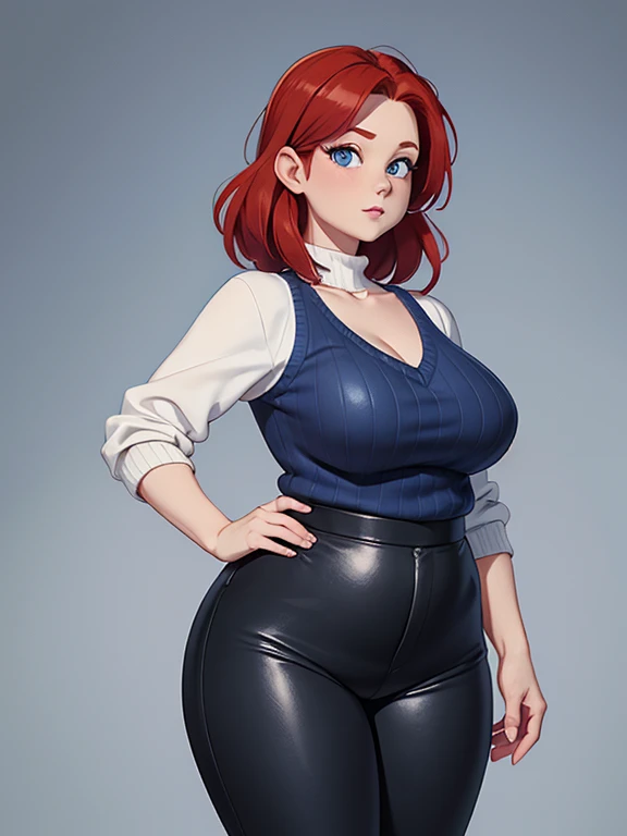 (masterpiece, best quality), 1girl, a 45-year-old woman with red hair, blue eyes, and pale skin, wearing a blue V-neck sweater and black leather pants, Chubby, Chubby Face, Plump, Fat, Fat Rolls, looking at viewer,
