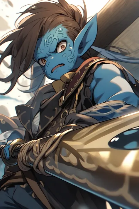 A blue-skinned fish-man with brown hair wearing pirate clothes, Holding two katanas 