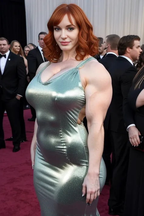 Christina Hendricks, , Huge breasts,  a heavily muscled iffb pro female bodybuilder. RAW, d41z13, perfect face, stunning eyes,  extremely tight shiny cotton polyester dress, tight dress clinging to her body, at the oscars, crowded event, people in the back...