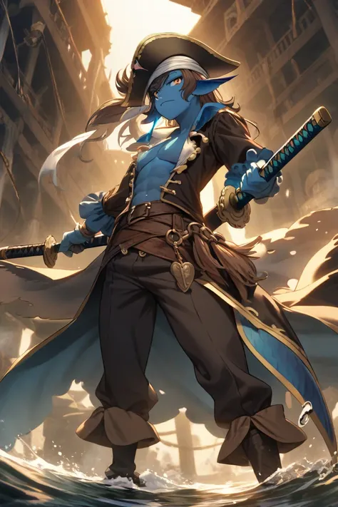 A blue-skinned fish-man with brown hair wearing pirate clothes, Holding two katanas 