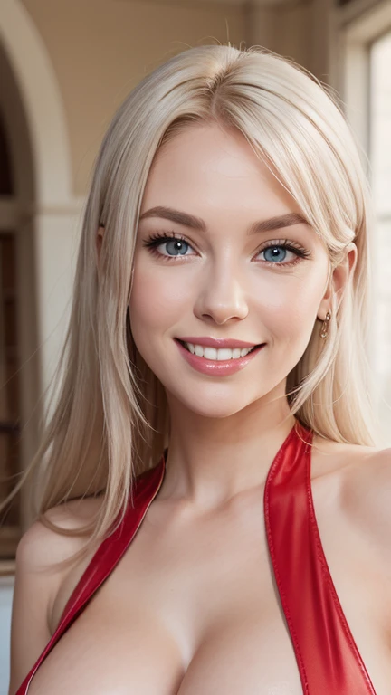 francine smith, american dad.  ,  high red heels ,   very white skin, pale gray ,   big breasts, Beautiful face,   medium length platinum blonde straight hair  ,   mouth painted red with a mischievous smile ,   thin face with thin pointed nose   ,   light ...