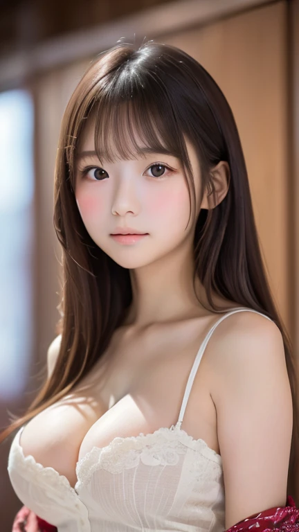 (highest quality, masterpiece, high resolution, detailed texture), (lovely, sweet, cute, Japanese girl), (((baby face, pure, innocent, neat))), (moisturized lips), ((front view, arms behind back)), ((big breasts, cleavage)), grateful, (fair skin, pale), yo...