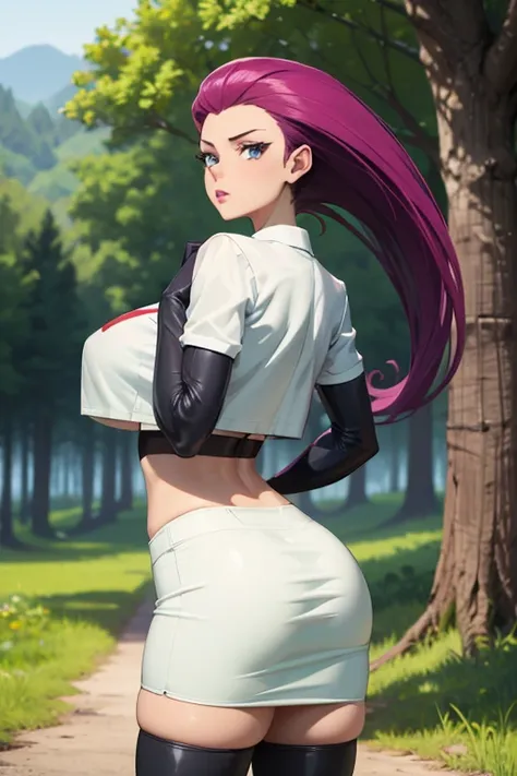 ( body masterpiece), 1 girl, Alone , absurdities, highres, standing, cowboy shot,jessie pokemon,  Hair Styled Back,  long hair, Purple hair,Blue eyes, team rocket ,team rocket uniform , white skirt , crop top, high stockings, elbow gloves , al aire libre, ...